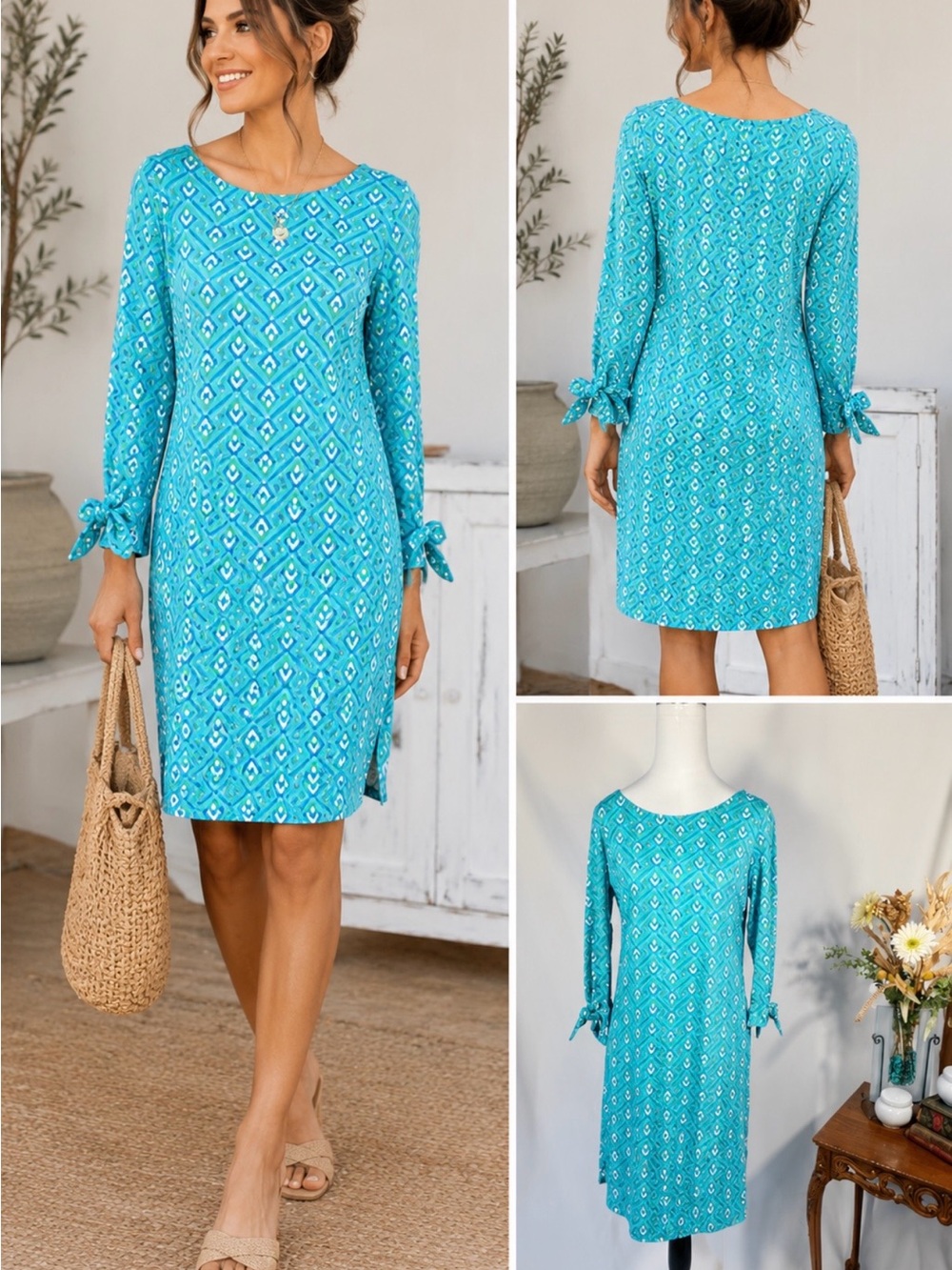 Escapada Living Aqua Geometric Print Bow-Sleeve Dress Sz XS 💛